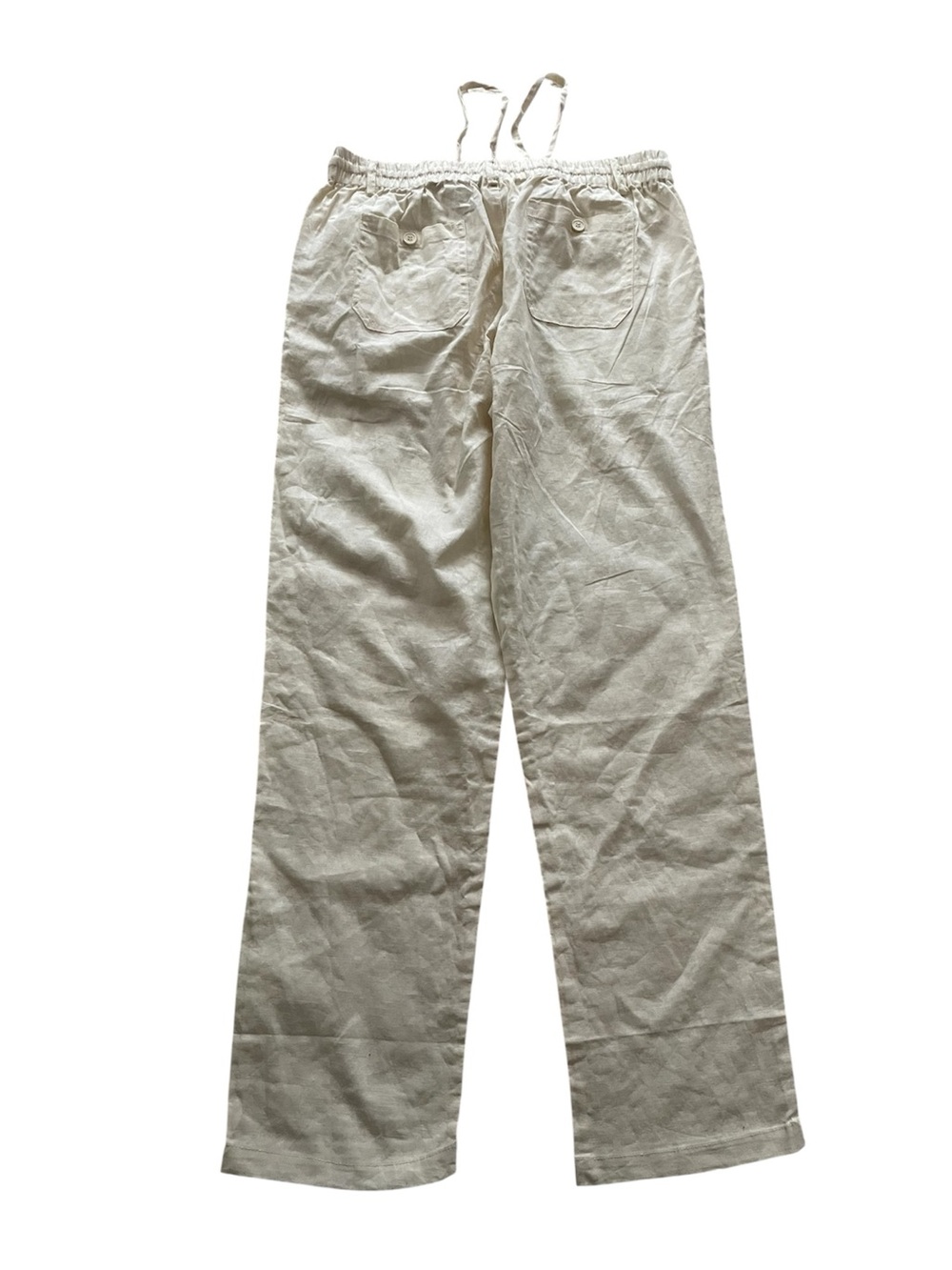 Women's Cream Drawstring Linen Cotton Wide-Leg Pants - Picture 4 of 10
